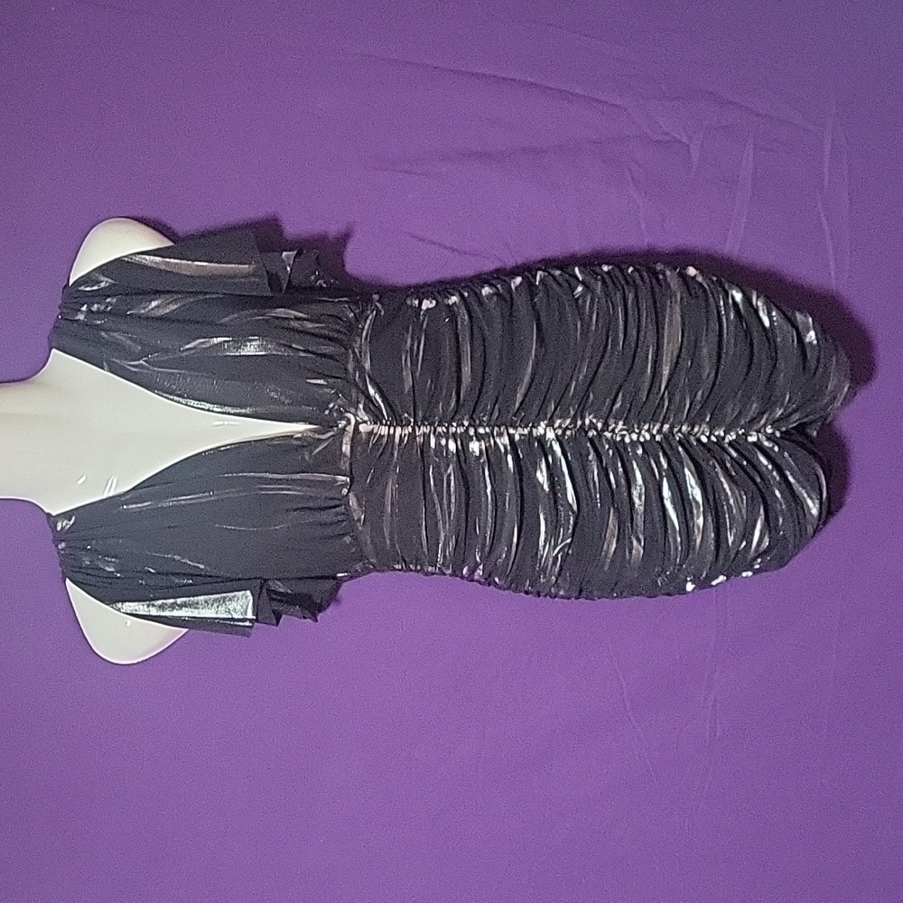 Black metallic rippled ruffle slit sleeve mini dress